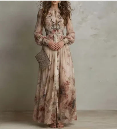Vintage Floral Print Maxi Dress – Long Sleeve Boho Party Dress for Women