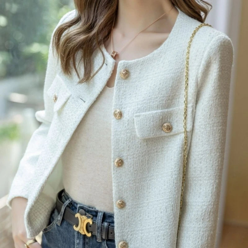 Women's French Tweed Short Coat – Gold Button Slim Jacket | Office Lady Style