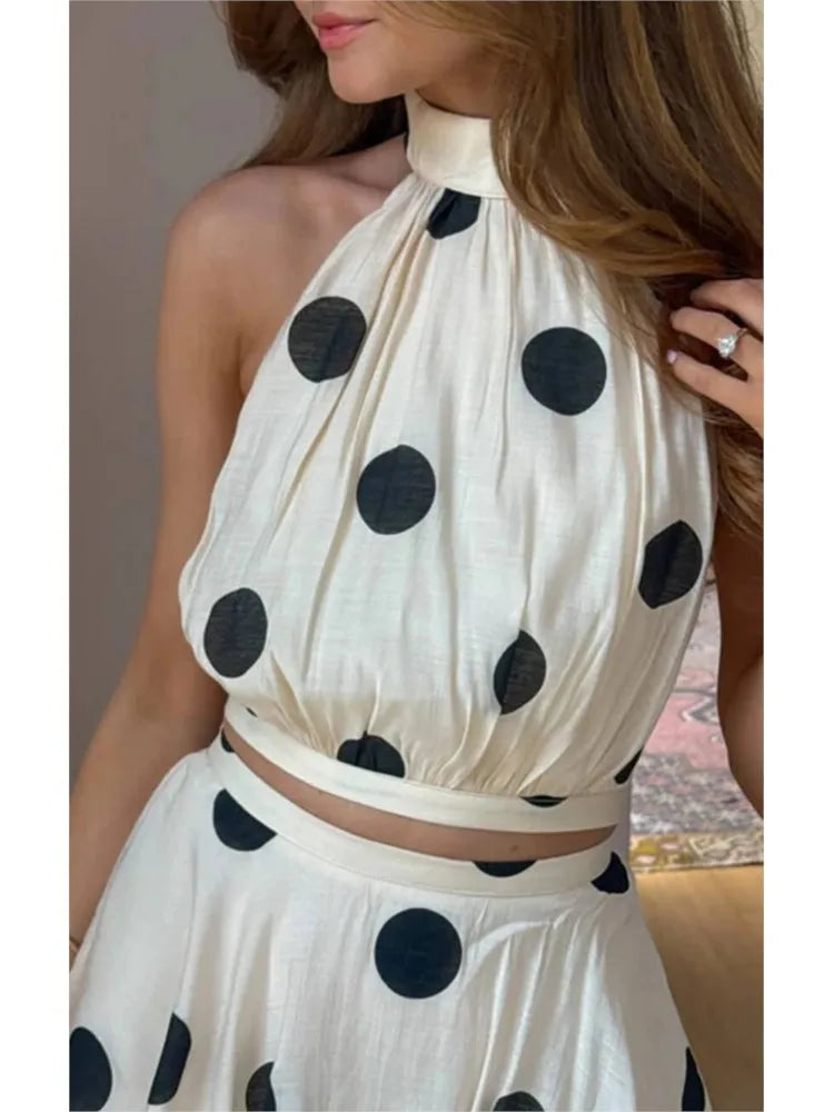 Women's Polka Dot Two-Piece Set – Halter Crop Top & Maxi Skirt | Summer Fashion
