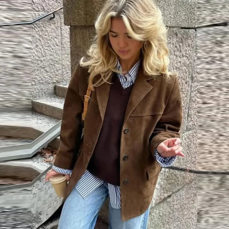 Women's Suede Blazer Jacket | Vintage Fitted Old Money Style | All Season Office Coat | HXAO