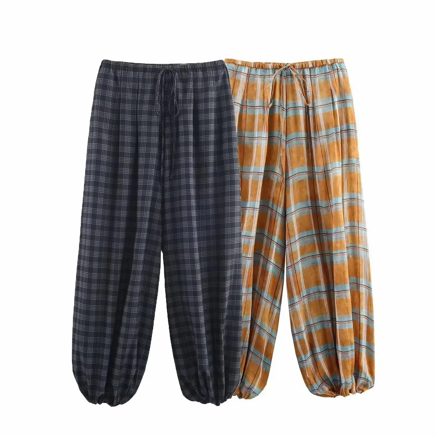 Women's Plaid Bloomers Pants – High-Waist Drawstring Loose Trousers