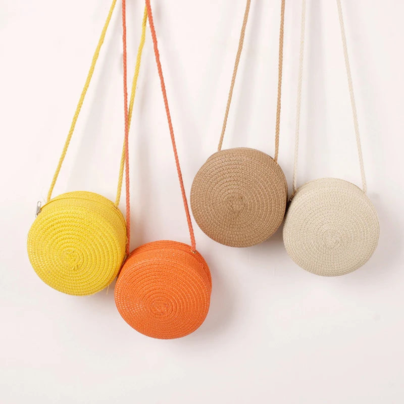 Bolsa de Palha Redonda Transversal Minimalista Feminina com Fecho Zipper 5 Cores