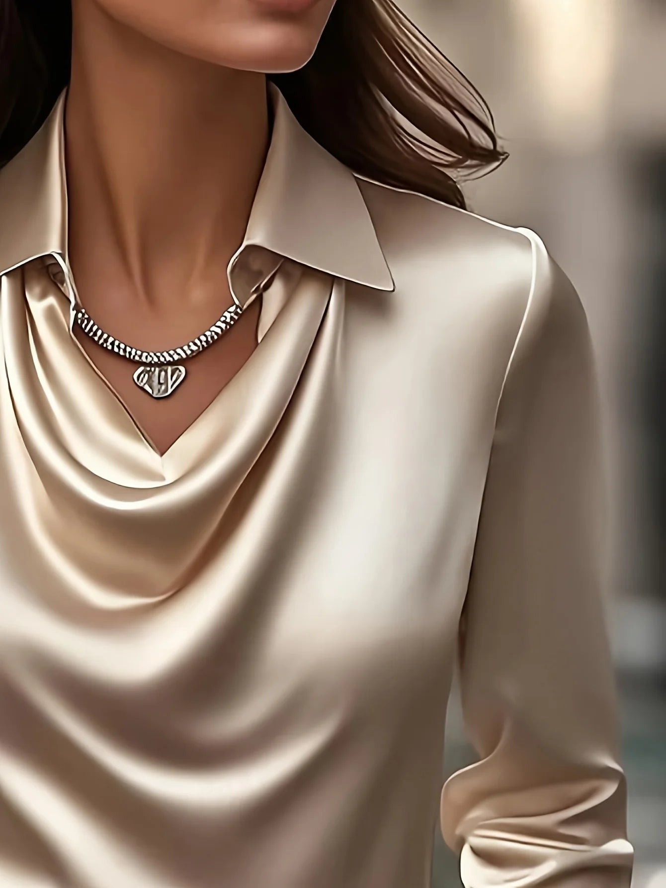 Plus Size Satin Blouse – Pleated Draped Collar Long Sleeve | Women's Elegant Office & Outdoor Wear