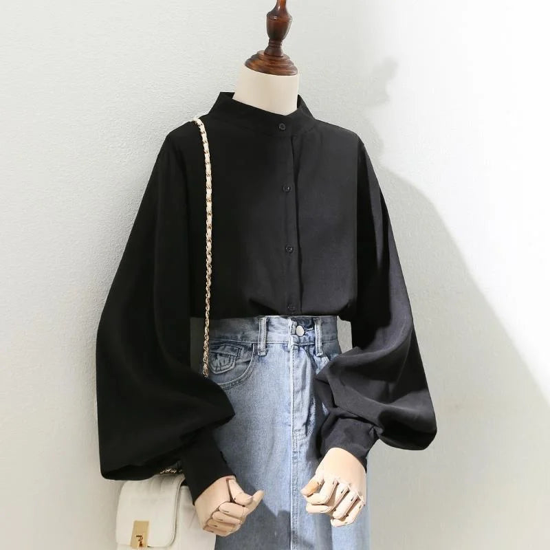 Women's Lantern Sleeve Blouse | Stand Collar Loose Puff Sleeve Top | Casual Office | Spring Summer