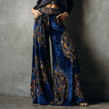 Women's Wide Leg Velvet Trousers – Ethnic Paisley Print High Waist Vintage Pants | Autumn Winter