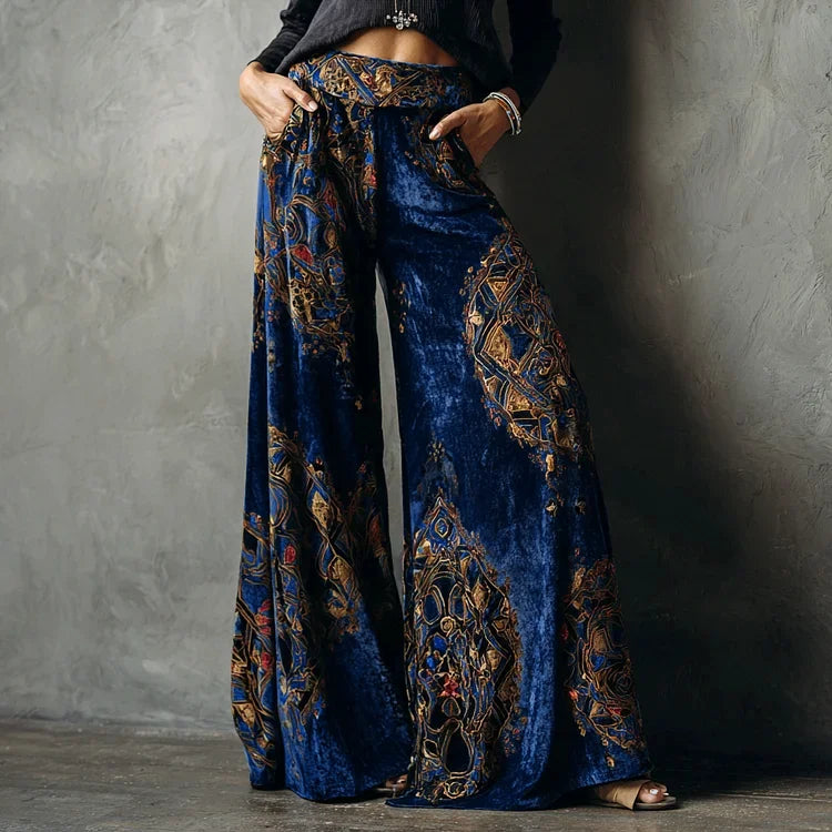 Women's Wide Leg Velvet Trousers – Ethnic Paisley Print High Waist Vintage Pants | Autumn Winter