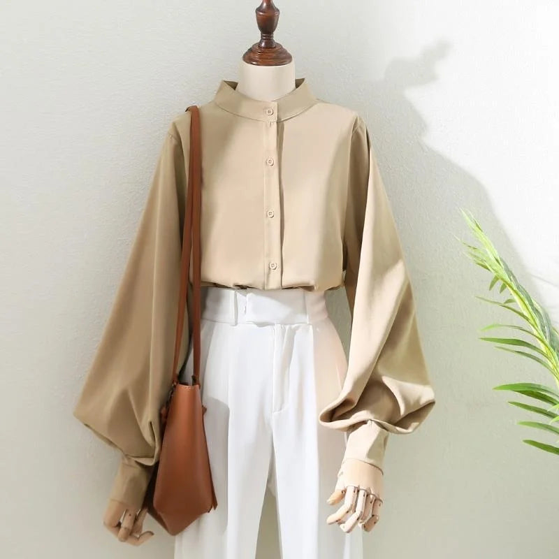 Women's Lantern Sleeve Blouse | Stand Collar Loose Puff Sleeve Top | Casual Office | Spring Summer