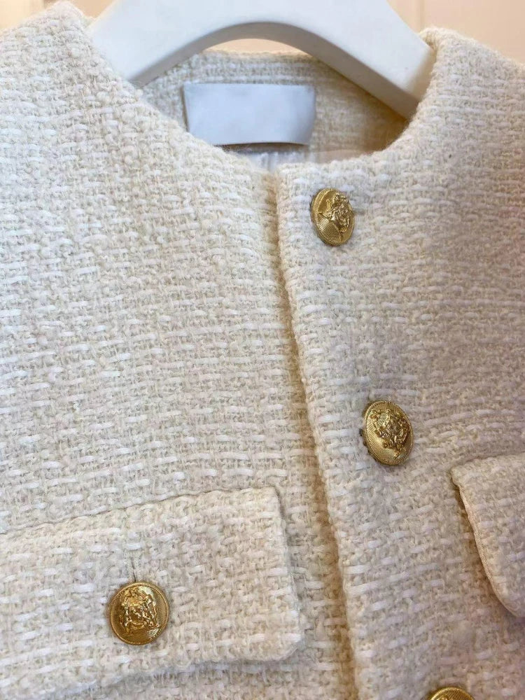 Women's French Tweed Short Coat – Gold Button Slim Jacket | Office Lady Style