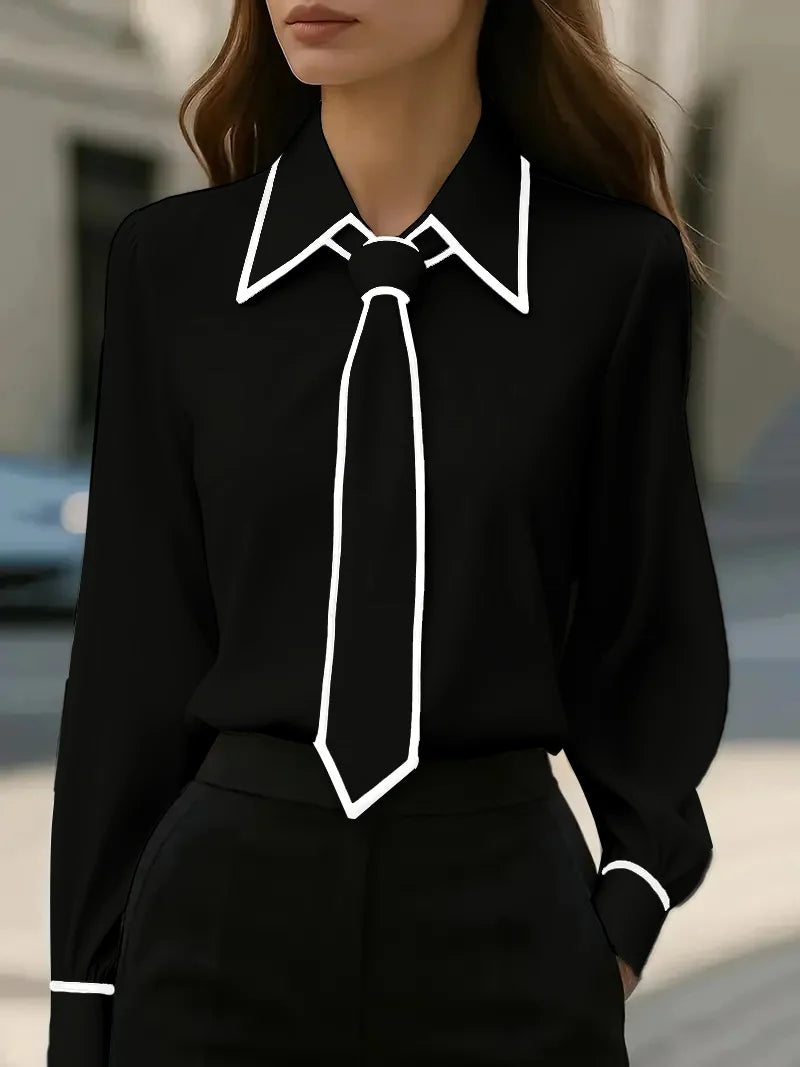 Tie Lapel Long Sleeve Shirt – Casual Regular Fit | Women's Elegant Office & Everyday Wear