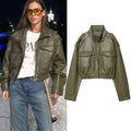 Women's Army Green Faux Leather Jacket – Streetwear Windbreaker Coat | Autumn