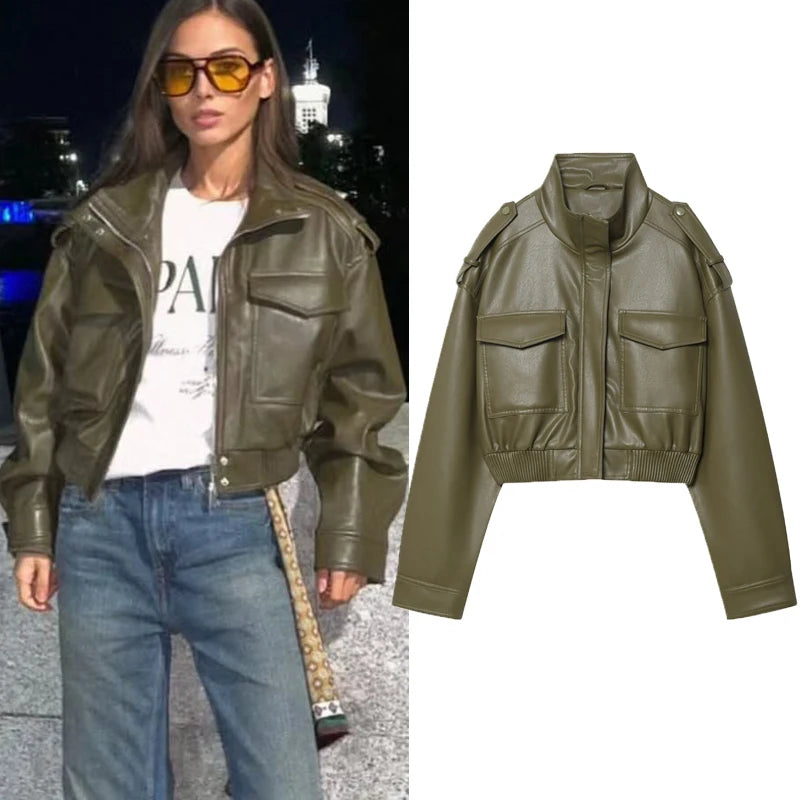 Women's Army Green Faux Leather Jacket – Streetwear Windbreaker Coat | Autumn
