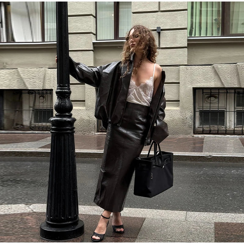 Women's Leather 2-Piece Set | Jacket & Skirt, Pants or Dress | Street Style Party Suit | Autumn