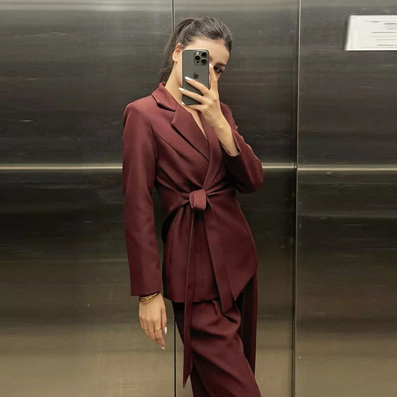 Women's Office Blazer & Wide Leg Pants Suit – Elegant 2-Piece Power Set