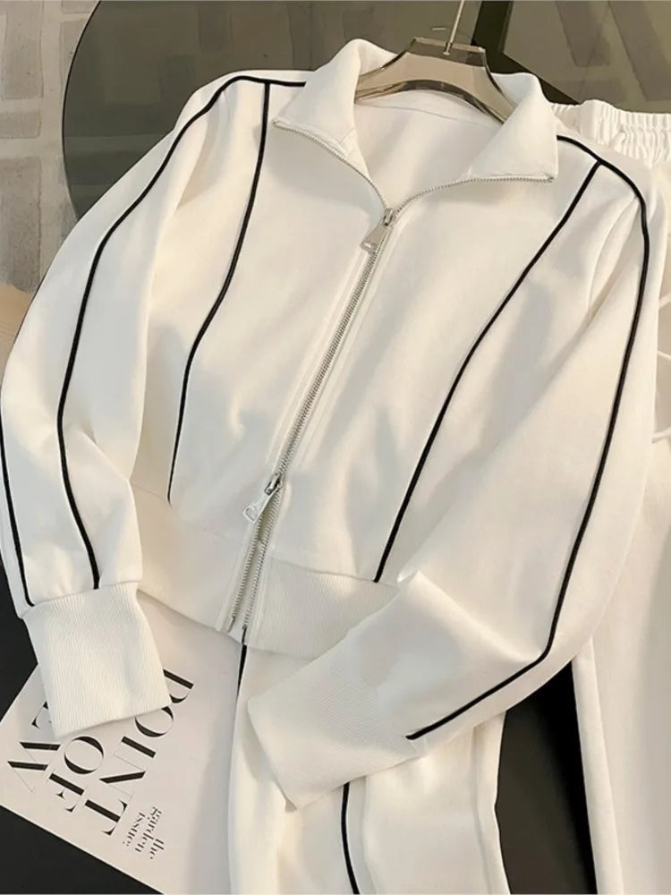 Color Block Two-Piece Set – Zip Jacket & Wide Leg Pants | Women's Casual Leisure Outfit