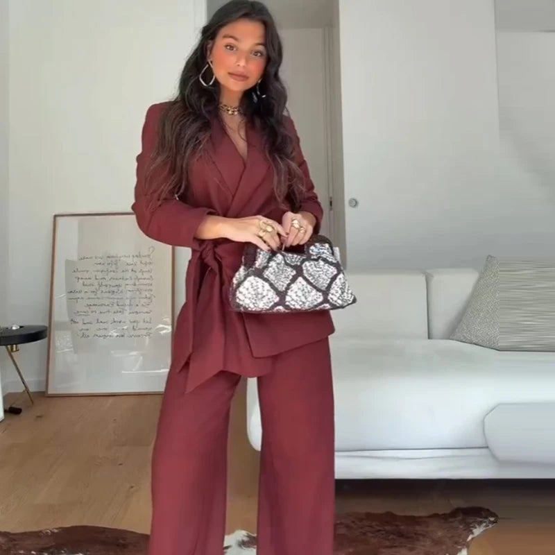 Women's Office Blazer & Wide Leg Pants Suit – Elegant 2-Piece Power Set