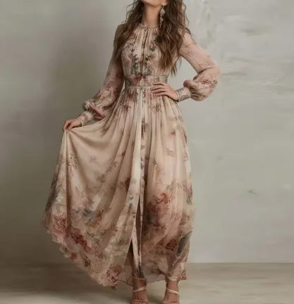 Vintage Floral Print Maxi Dress – Long Sleeve Boho Party Dress for Women