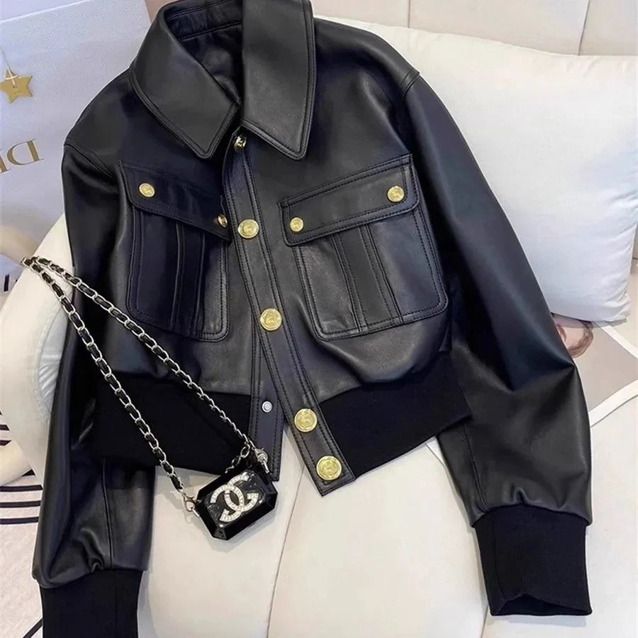 Women's Black PU Leather Biker Jacket – Short Moto Style Spring Autumn Coat