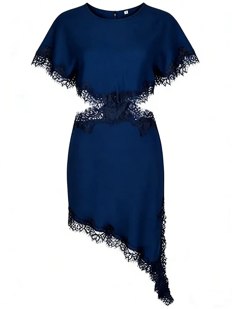 Lace Trim Cutout Asymmetrical Midi Dress – Hollow Out Cloak Sleeve | Women's Elegant Sexy Club Wear