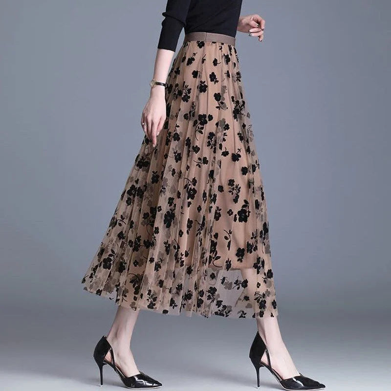 Women's Floral Lace Mesh A-Line Skirt – High Waist Big Swing Elegant Midi Skirt | Spring Summer