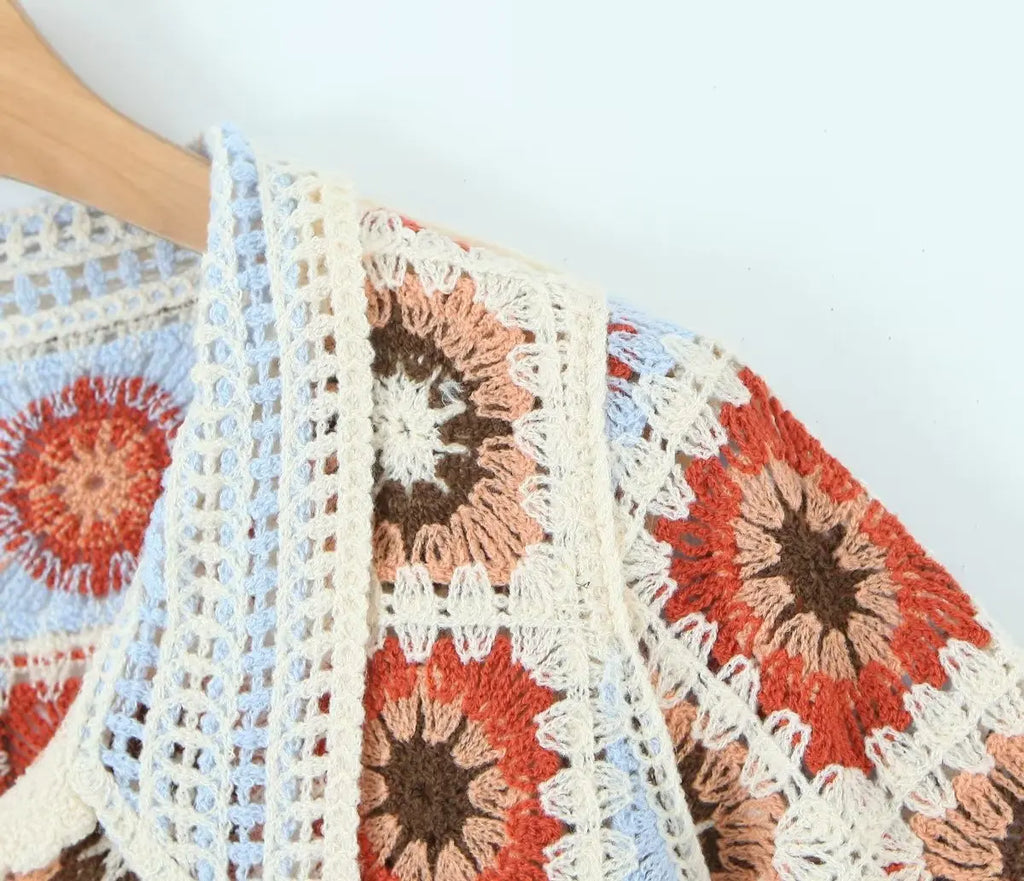 Women's Boho Crochet Crop Top | Granny Square Open-Knit Blouse | Summer Beach Vacation
