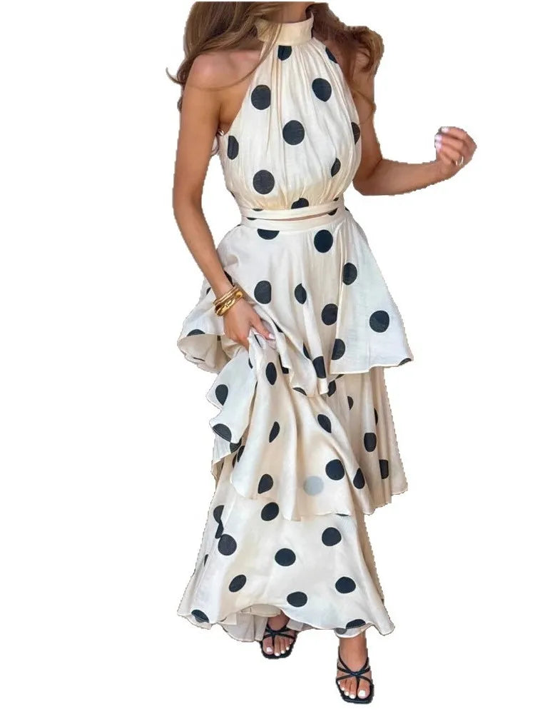 Women's Polka Dot Two-Piece Set – Halter Crop Top & Maxi Skirt | Summer Fashion