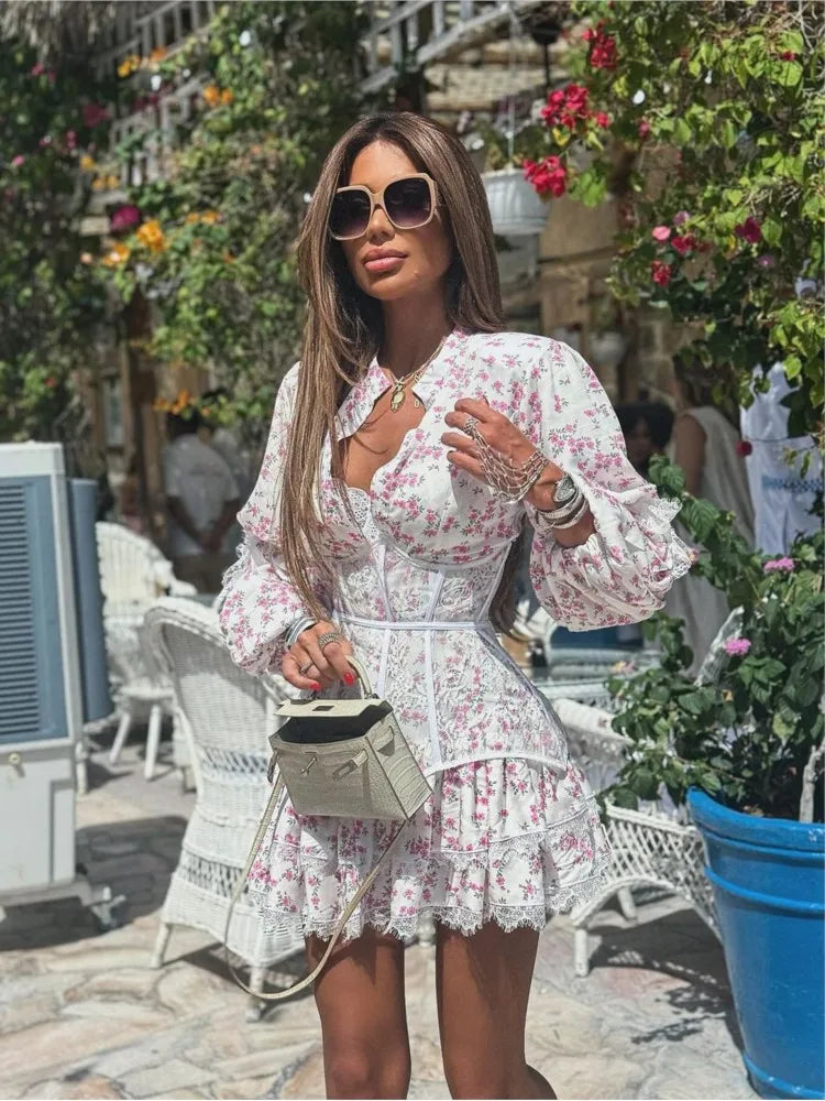 Women's Floral Lace A-Line Mini Dress – Lantern Sleeve V-Neck Sweet Party Dress | Spring Summer