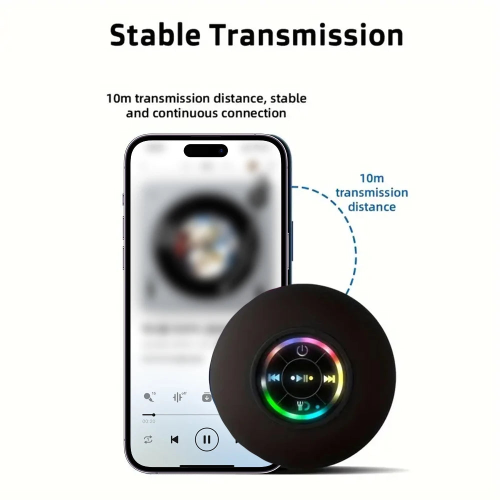 Caixa de Som Bluetooth Portátil com LED e Ventosa IPX4 À Prova d’Água para Banheiro e Ar Livre
