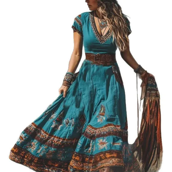 Floral Knit Mini Dress – Deep V-Neck Short Sleeve | Women's Vintage Retro Western Style