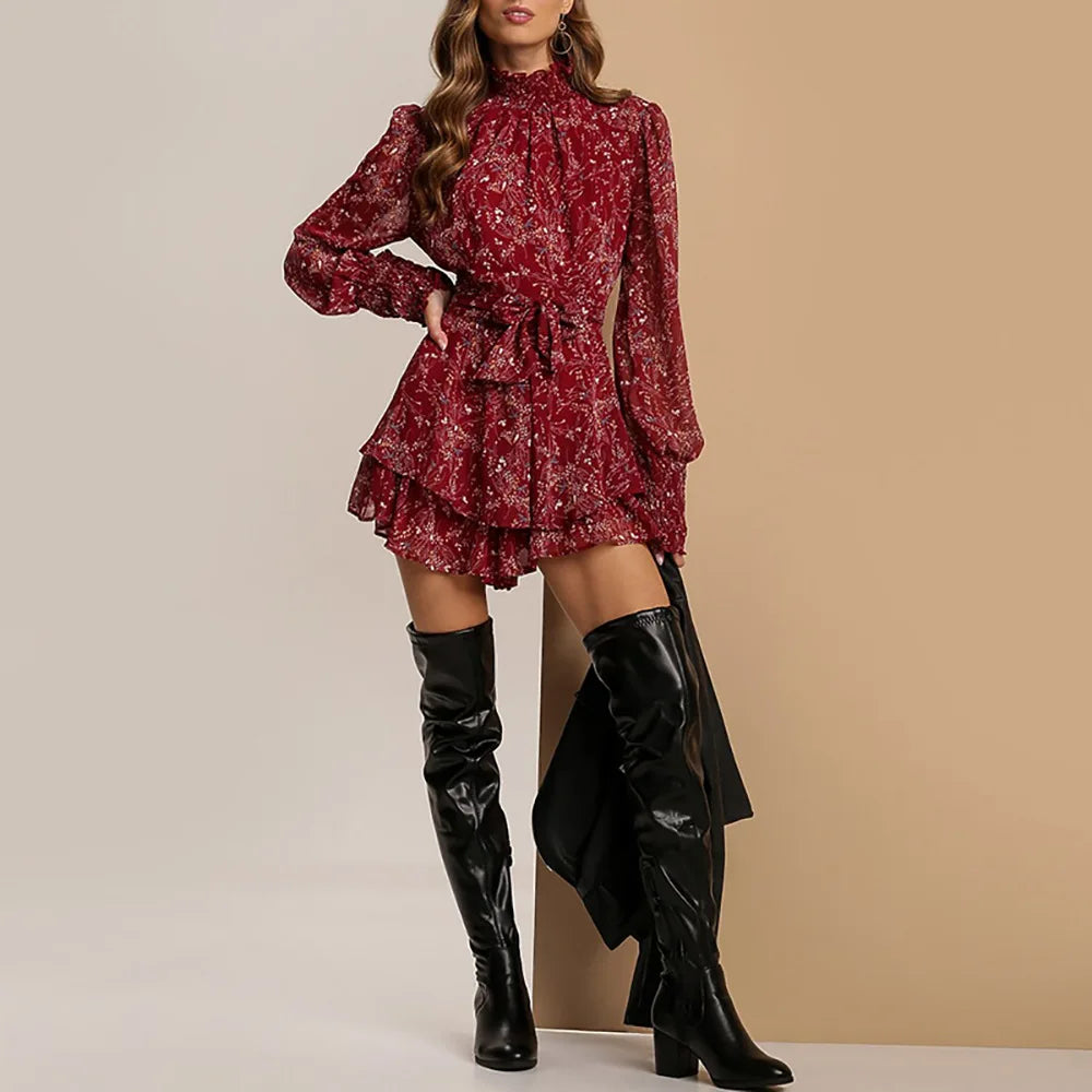Women's Chiffon Ruffle Floral Print Mini Dress | Half Turtleneck Lace-Up A-Line | Elegant Office Style