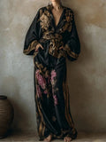 Women's 2-Piece Set | Deep V-Neck Lace-Up Top & Wide Leg Trousers | Elegant Casual Outfit