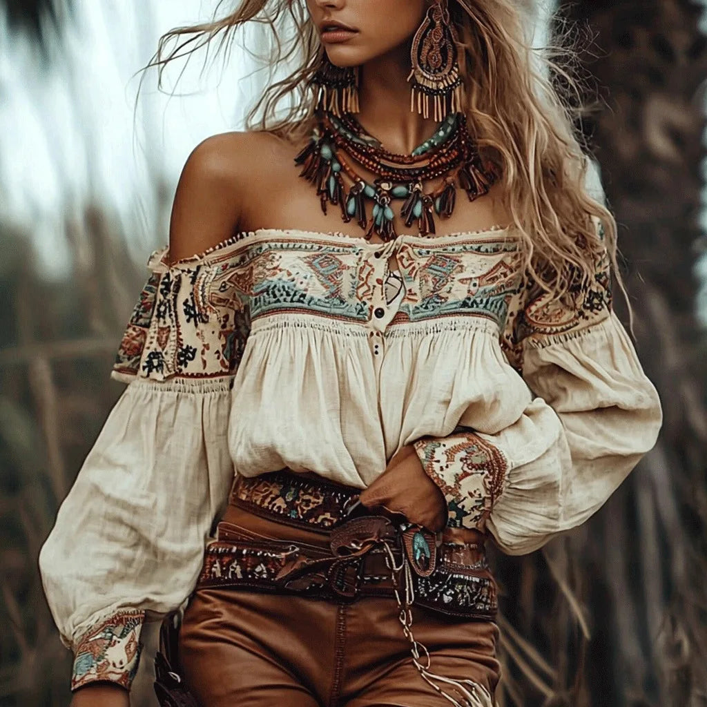 Women's Bohemian Off-Shoulder Blouse – Ethnic Print Lantern Sleeve Casual Top | Spring Summer