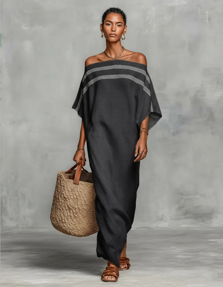 Women's Striped One-Shoulder Maxi Dress – Retro Beach Vacation Dress