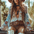 Women's Bohemian V-Neck Floral Lace Blouse – Long Sleeve Indie Folk Vintage Top | Spring Summer