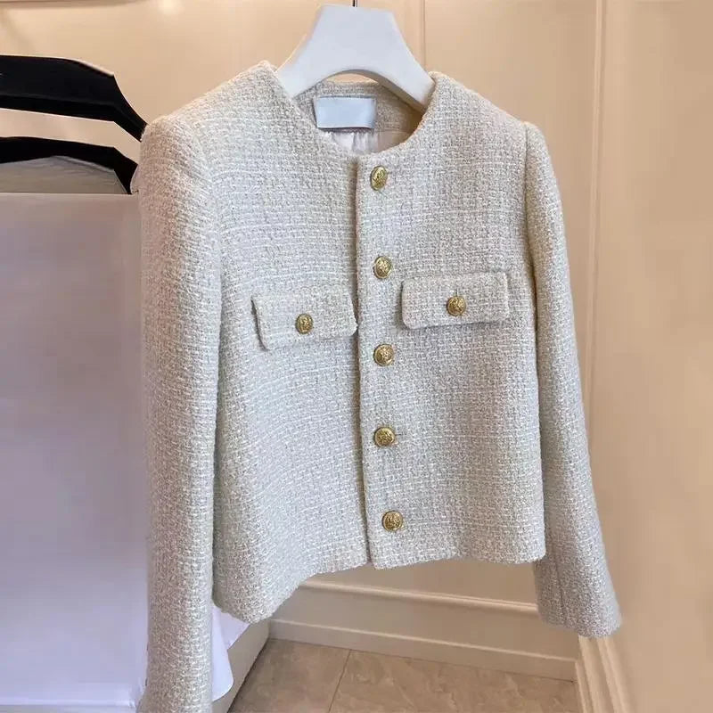 Women's French Tweed Short Coat – Gold Button Slim Jacket | Office Lady Style