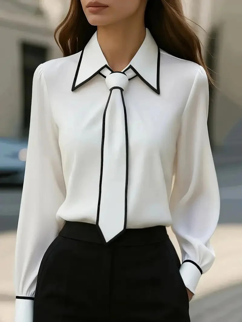 Tie Lapel Long Sleeve Shirt – Casual Regular Fit | Women's Elegant Office & Everyday Wear