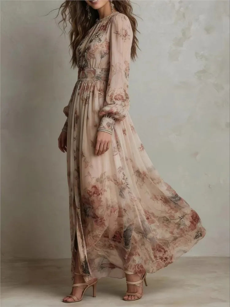 Vintage Floral Print Maxi Dress – Long Sleeve Boho Party Dress for Women