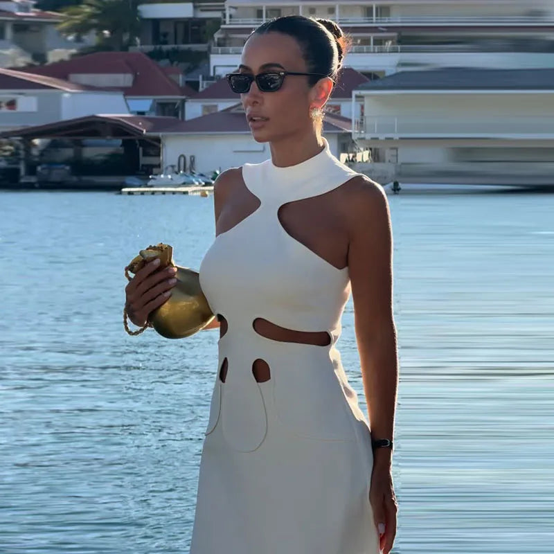 Halter Hollow Out Mini Dress – Sleeveless A-Line | Women's Chic Holiday Party Wear
