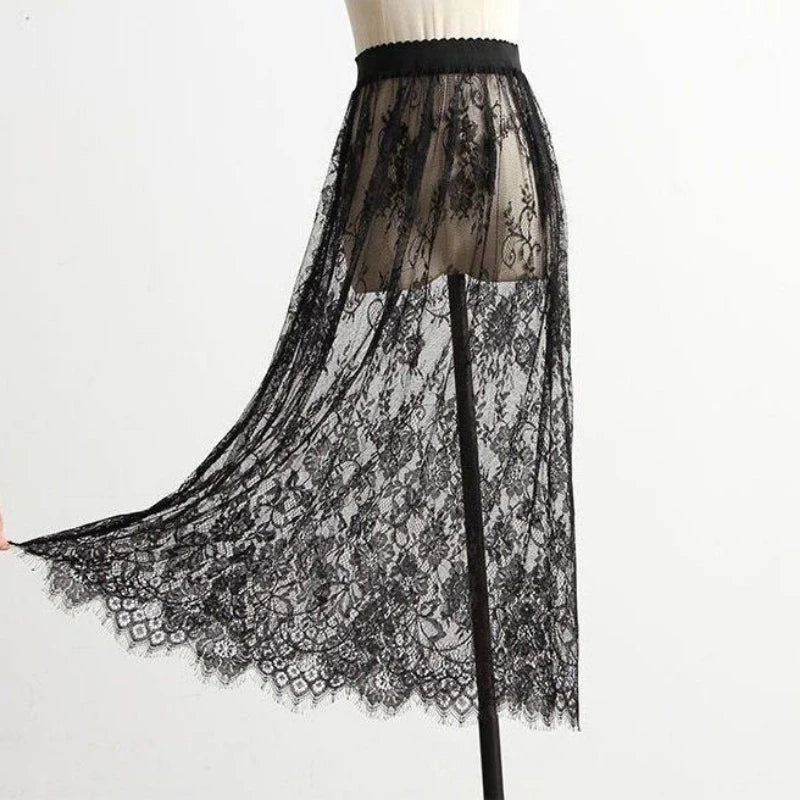 Women's Lace Mesh Tulle Mini Skirt – High Waist Transparent Floral | Korean Fashion