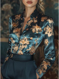 Women's Floral Satin Shirt – Long Sleeve Turn-Down Collar Vintage Office Lady Blouse | Spring Summer