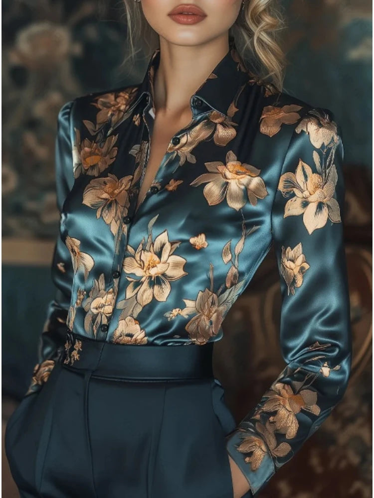 Women's Floral Satin Shirt – Long Sleeve Turn-Down Collar Vintage Office Lady Blouse | Spring Summer
