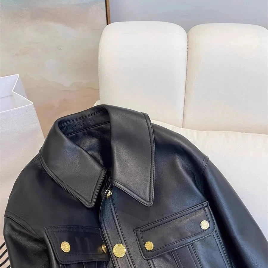 Women's Black PU Leather Biker Jacket – Short Moto Style Spring Autumn Coat