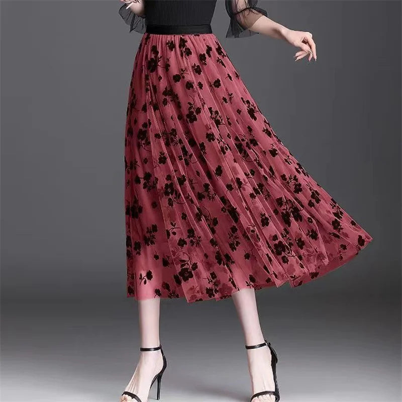 Women's Floral Lace Mesh A-Line Skirt – High Waist Big Swing Elegant Midi Skirt | Spring Summer