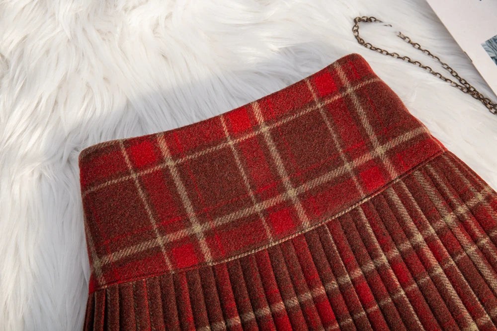 Women's Plaid Woolen Pleated Mini Skirt – High Waist Preppy Y2K Korean Style | Autumn Winter