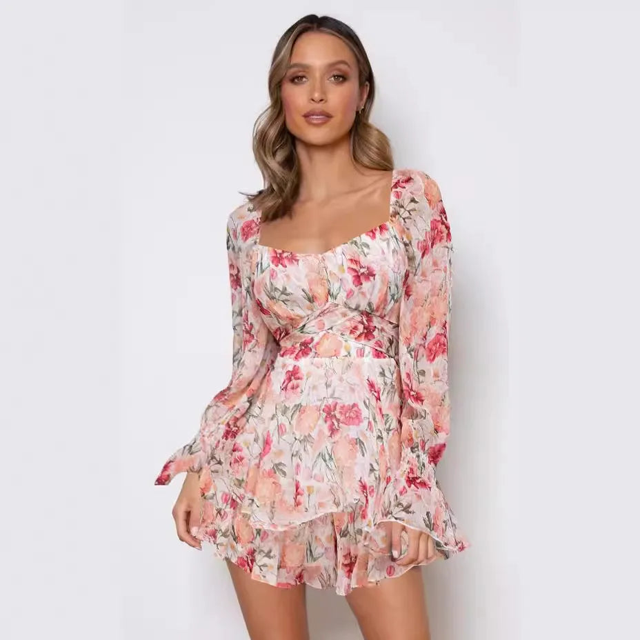 Floral Print Ruffled Jumpsuit – Square Collar Long Sleeve | Women's Casual Versatile Playsuit