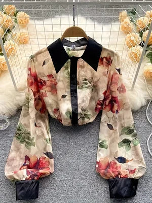 Women's Vintage Floral Chiffon Blouse – Lantern Sleeve Sheer Top | Work & Date