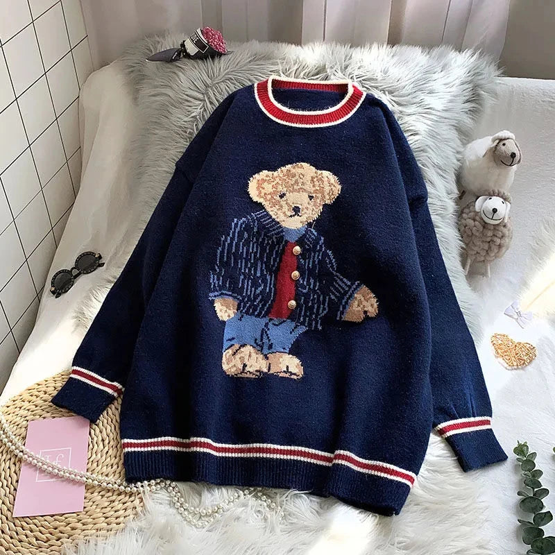 Women's Harajuku Bear Embroidery Knit Sweater | Kawaii Loose Pullover | Korean Sweet Style | Autumn Winter | GIDYQ