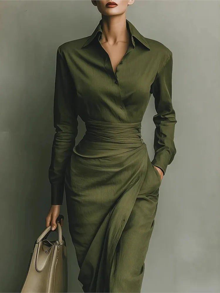 Women's Solid Midi Dress – Long Sleeve Turn-Down Collar | Office Lady Slim Fit | Spring Autumn