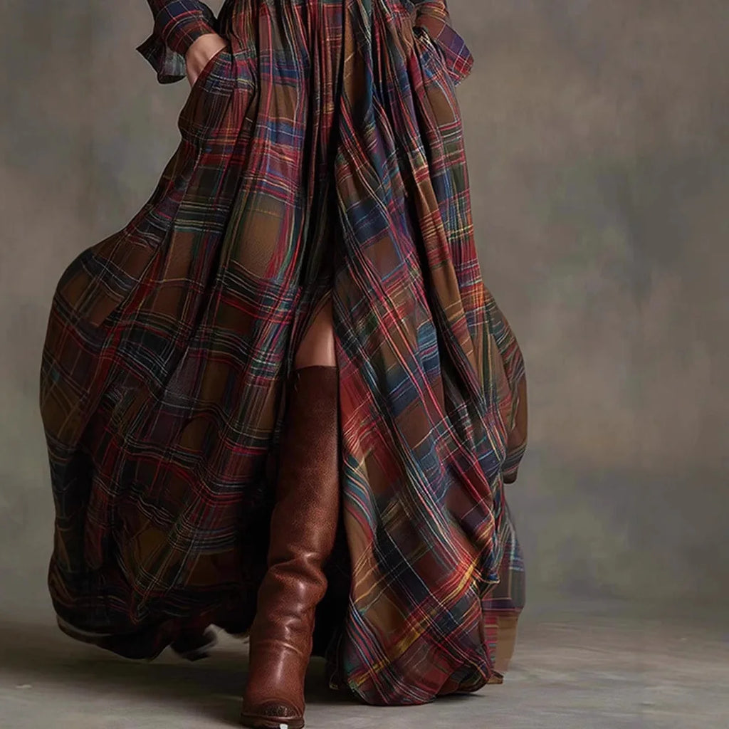 Plaid Shirt Maxi Dress – Long Sleeve Button-Up Dress with Pockets for Women