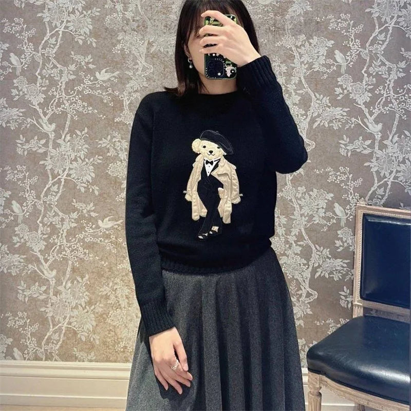Women's Bear Embroidered Cashmere Sweater | Preppy Cartoon Knit Pullover | Round Neck | Autumn Winter | CBAFU