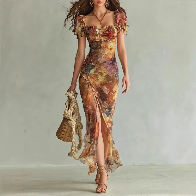 Boho Floral Maxi Dress – Square Neck Ruched Bodycon Long Dress for Women